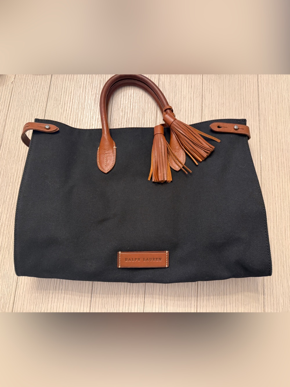 Ralph Lauren Black Canvas Tote with Brown Leather Accents and Tassel